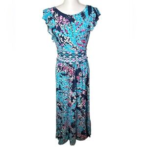 Lilly Pulitzer Mylea High Tide Floral Maxi Dress Blue Pink Flutter Sleeve Sz L